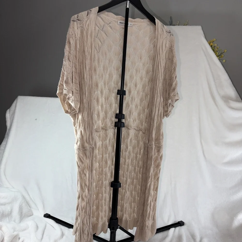 Grace Karin Open Front Cardigan XL Tan Diamond Weave Drawstring Waist Boho Layer